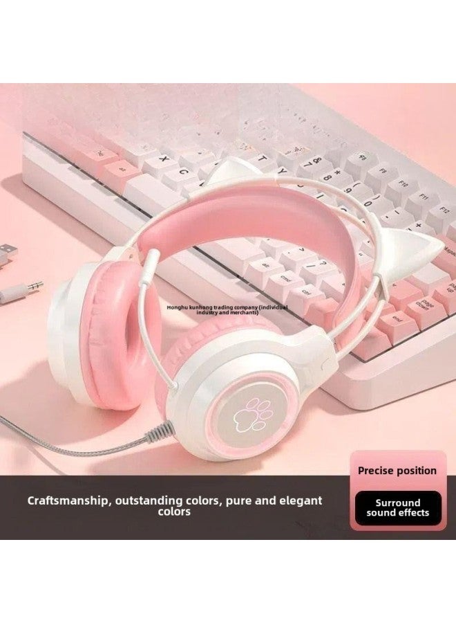 Computer Headset Wired Noise Reduction Game Cat Ear Magic Color Electronic Competition Desktop Notebook With Microphone Microphone-Color:Snow Blue With Cat Ears (wireless Bluetooth Version)★Rgb Lighting Effect★Thousand-yuan Sound Quality★Comes With Pluggable Microphone/2 Types Of Ears)