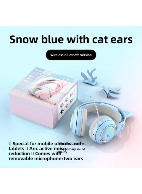 Computer Headset Wired Noise Reduction Game Cat Ear Magic Color Electronic Competition Desktop Notebook With Microphone Microphone-Color:Snow Blue With Cat Ears (wireless Bluetooth Version)★Rgb Lighting Effect★Thousand-yuan Sound Quality★Comes With Pluggable Microphone/2 Types Of Ears)