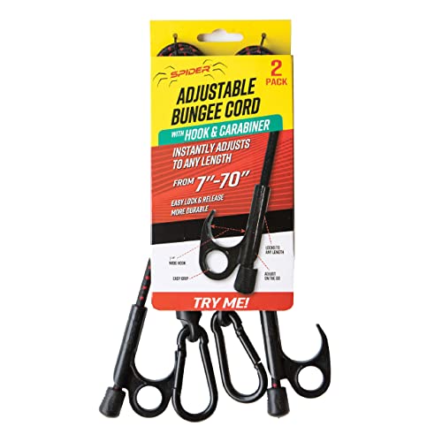 SPIDER حبال بونجي قابلة للتعديل من SPIDER مع خطاف وكارابينر، 48 بوصة غير مشدودة، 7-70 بوصة مشدودة - خطافات سريعة التعديل - أحزمة ربط ثقيلة لتحمل الظروف الخارجية، أسرة الشاحنات، النقل، الحمولة، القماش المشمع، (2 قطعة) - Image 1