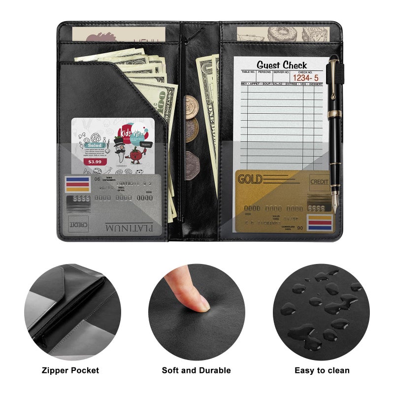 EcoVision Server Book for Waitress, Leather Waiter Organizer with Zipper Pocket, Restaurant Waitstaff Booklet, Guest Check Holder with Money Pocket, Fits Server Apron (Black) - Image 4