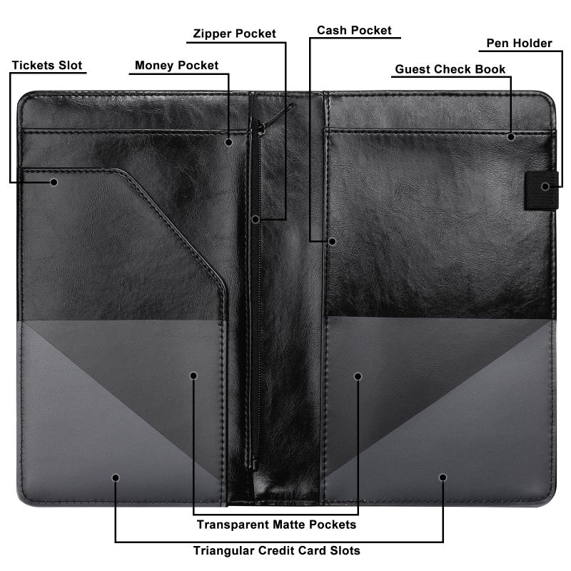 EcoVision Server Book for Waitress, Leather Waiter Organizer with Zipper Pocket, Restaurant Waitstaff Booklet, Guest Check Holder with Money Pocket, Fits Server Apron (Black) - Image 3