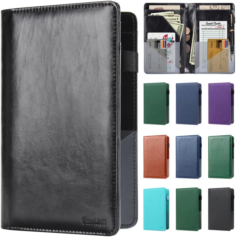 EcoVision Server Book for Waitress, Leather Waiter Organizer with Zipper Pocket, Restaurant Waitstaff Booklet, Guest Check Holder with Money Pocket, Fits Server Apron (Black) - Image 1