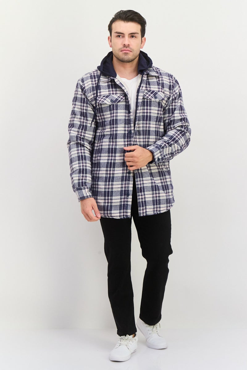Rainforest Men Hooded Plaid Jacket Shirt, Navy - Image 4