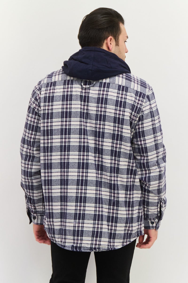 Rainforest Men Hooded Plaid Jacket Shirt, Navy - Image 3