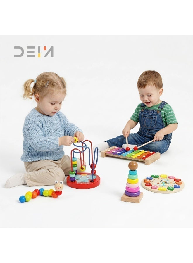 DEIN 5-Piece Kids Wooden Toy Set – Preschool Educational Learning Bundle with Xylophone, Sorting Clock, Stacking Rings & Bead Maze – Natural Wood Development Gift for Ages 3+ - Image 1