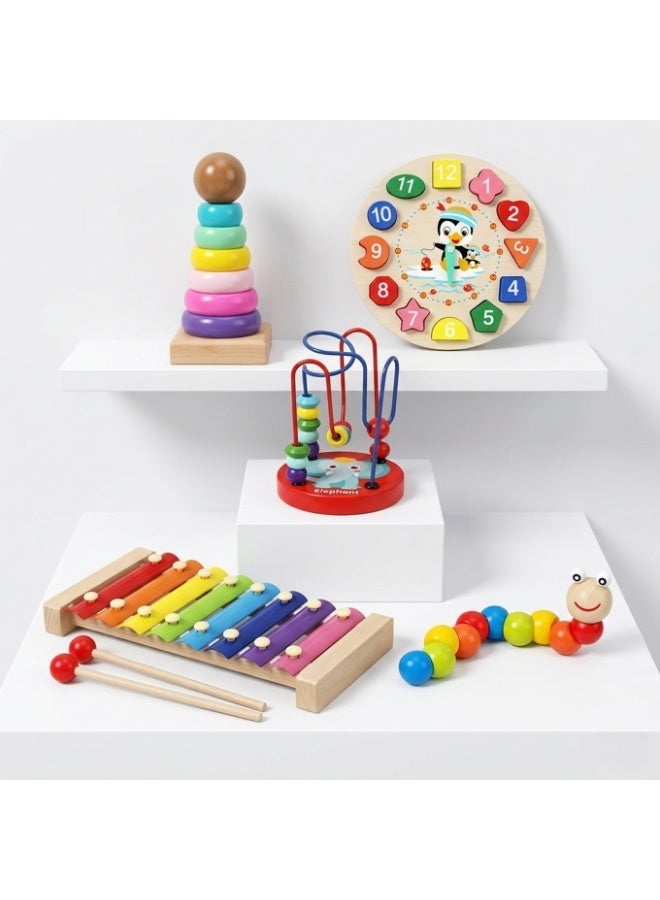 DEIN 5-Piece Kids Wooden Toy Set – Preschool Educational Learning Bundle with Xylophone, Sorting Clock, Stacking Rings & Bead Maze – Natural Wood Development Gift for Ages 3+ - Image 2