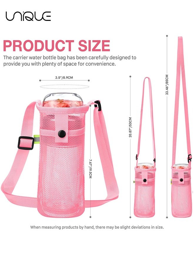 Unique - 3 Pack Water Bottle Holder, Water Bottle Carrier Bag Mesh, Water Bottle Sling with Adjustable Strap for Hiking Camping Walking Sports Gym, Can Fit Most Water Bottles, with A Night Reflective Strip - Image 1