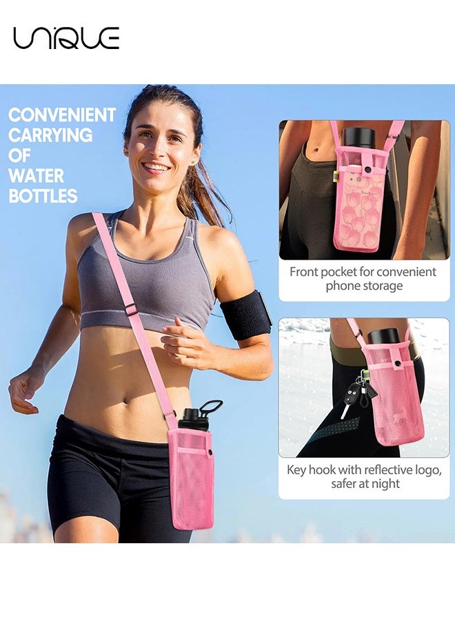 Unique - 3 Pack Water Bottle Holder, Water Bottle Carrier Bag Mesh, Water Bottle Sling with Adjustable Strap for Hiking Camping Walking Sports Gym, Can Fit Most Water Bottles, with A Night Reflective Strip - Image 1