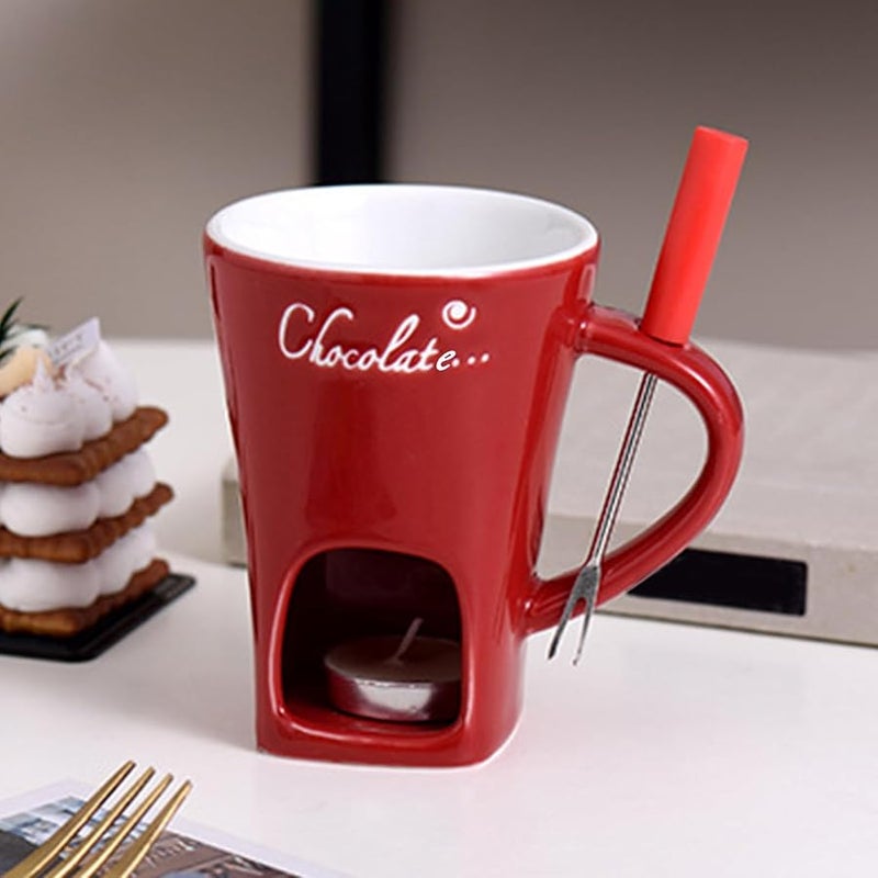 Red Ceramic Chocolate Fondue Mug Set With Fork And Tealight Warmer For Candy Cheese Sauce - Image 3