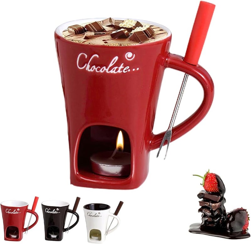 Red Ceramic Chocolate Fondue Mug Set With Fork And Tealight Warmer For Candy Cheese Sauce - Image 1