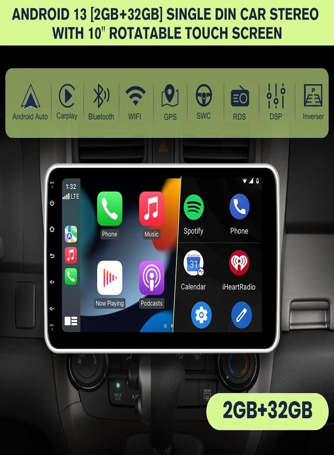 Pyniro Single Din Car Radio Upgrade, 2G+32G Android 13 Radio Stereo Replacement 10 Inch Touchscreen Rotating Head Unit with CarPlay Android Auto with Bluetooth/GPS/FM/AM/BackCamera - Image 3