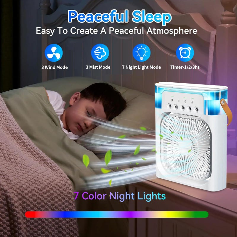 Pomefar Portable Air Conditioner Cooling Fan, USB Desk Fan 3 Wind Speed 7 Colors LED Light 680ml Water Tank, Mini Evaporative Air Conditioner Fan for Room Office, Personal Air Cooler - Image 3