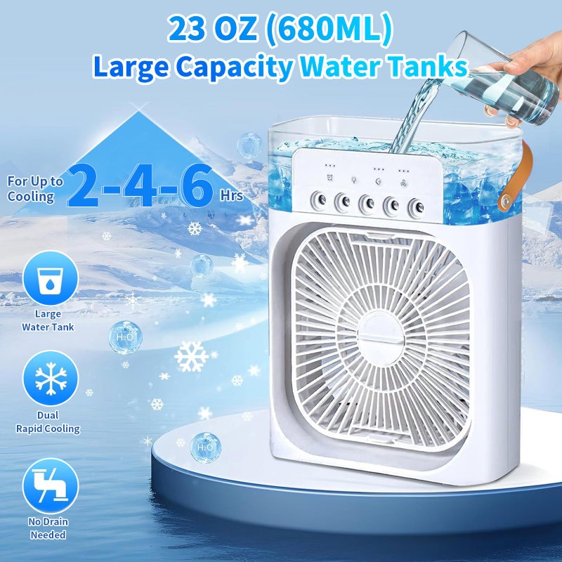 Pomefar Portable Air Conditioner Cooling Fan, USB Desk Fan 3 Wind Speed 7 Colors LED Light 680ml Water Tank, Mini Evaporative Air Conditioner Fan for Room Office, Personal Air Cooler - Image 4