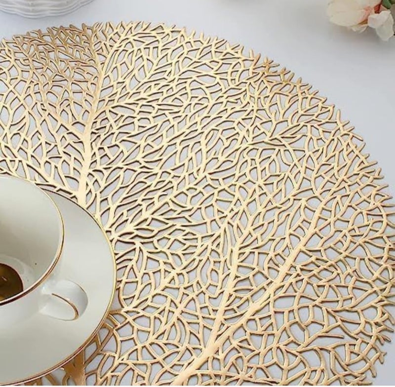Kritvi Placemat Place Mat Table Mat Round Shape Place Mats Dressing Table MATS Table mat RoundRound PVC Table matsCutworkBed Side Table mats Pack of 2 Big Leaf Gold - Image 3