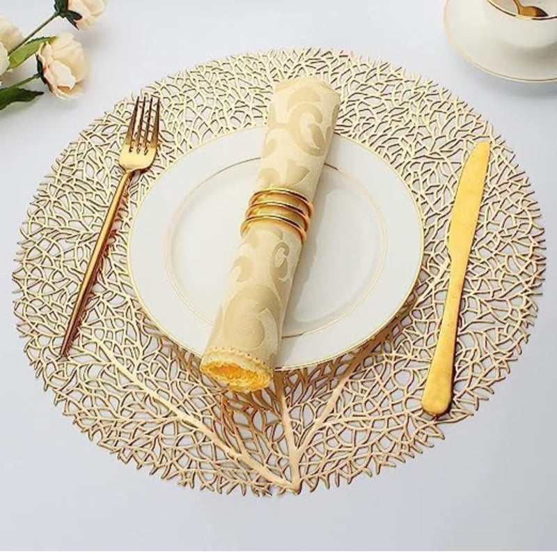 Kritvi Placemat Place Mat Table Mat Round Shape Place Mats Dressing Table MATS Table mat RoundRound PVC Table matsCutworkBed Side Table mats Pack of 2 Big Leaf Gold - Image 1