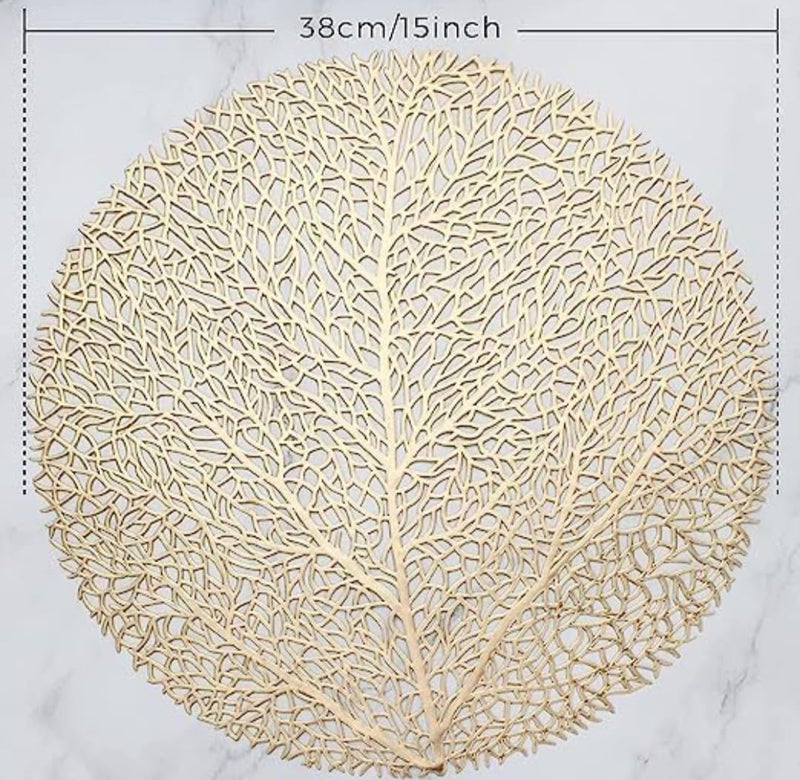 Kritvi Placemat Place Mat Table Mat Round Shape Place Mats Dressing Table MATS Table mat RoundRound PVC Table matsCutworkBed Side Table mats Pack of 2 Big Leaf Gold - Image 5