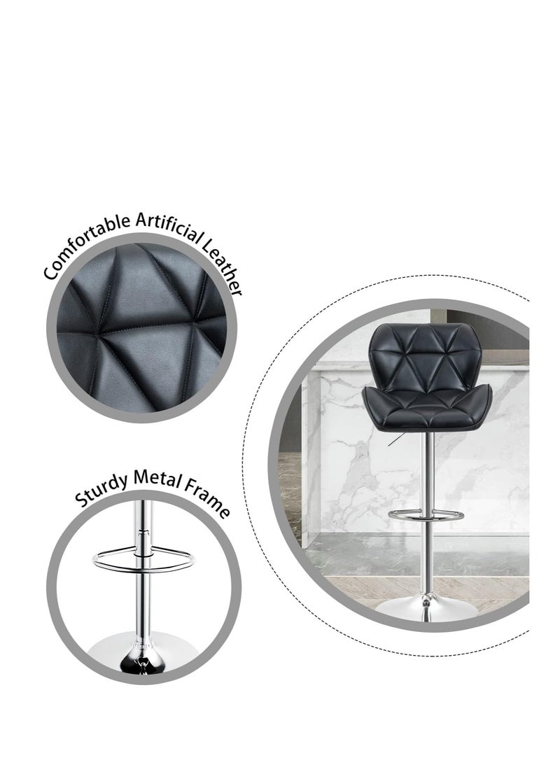 Bar Stool Set of 2, Chrome Base, PU Leatherette Upholstered High Back Bar Stool, Height Adjustable Swivel Bar Stool, Counter Height Modern Bar Stool for Home Kitchen Island, Black