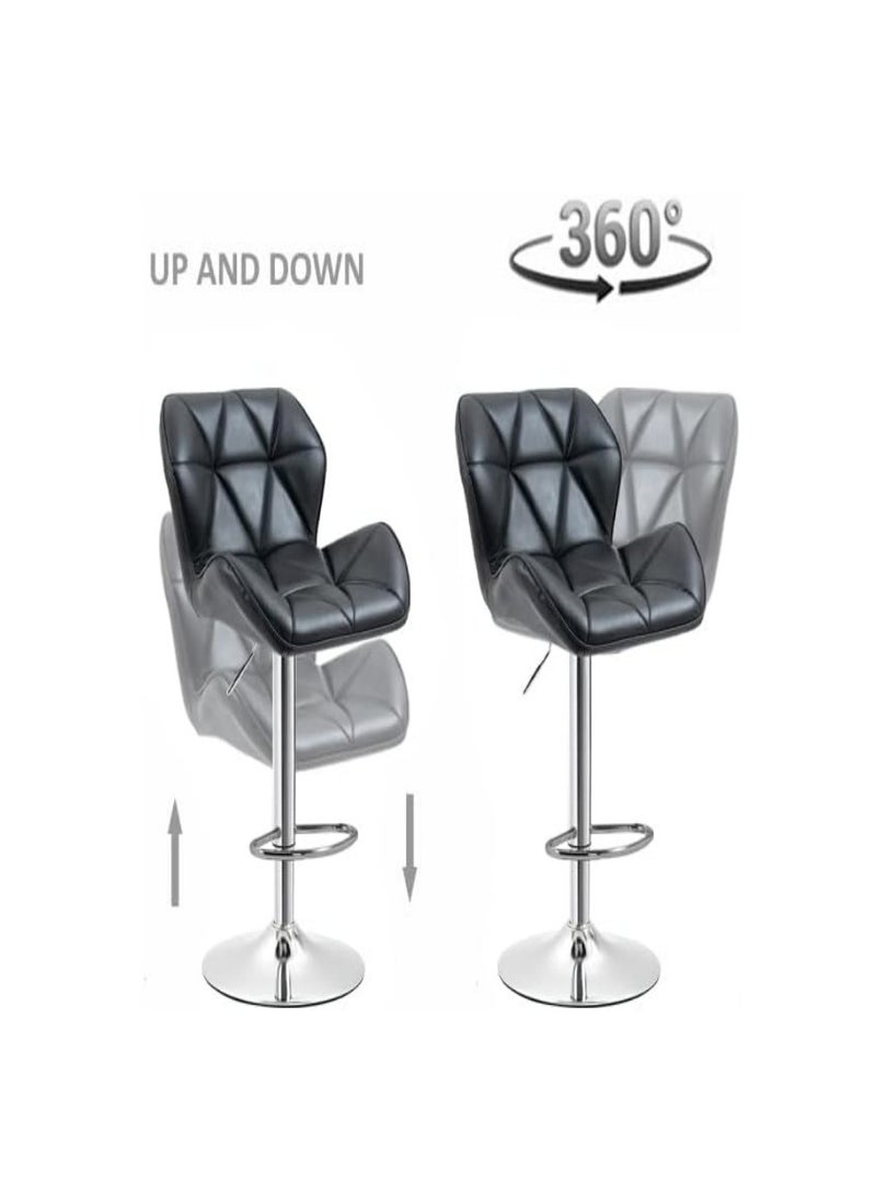 Bar Stool Set of 2, Chrome Base, PU Leatherette Upholstered High Back Bar Stool, Height Adjustable Swivel Bar Stool, Counter Height Modern Bar Stool for Home Kitchen Island, Black
