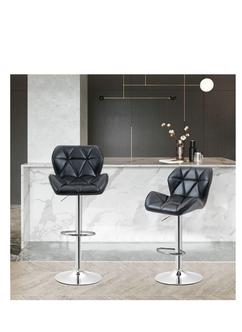 Bar Stool Set of 2, Chrome Base, PU Leatherette Upholstered High Back Bar Stool, Height Adjustable Swivel Bar Stool, Counter Height Modern Bar Stool for Home Kitchen Island, Black