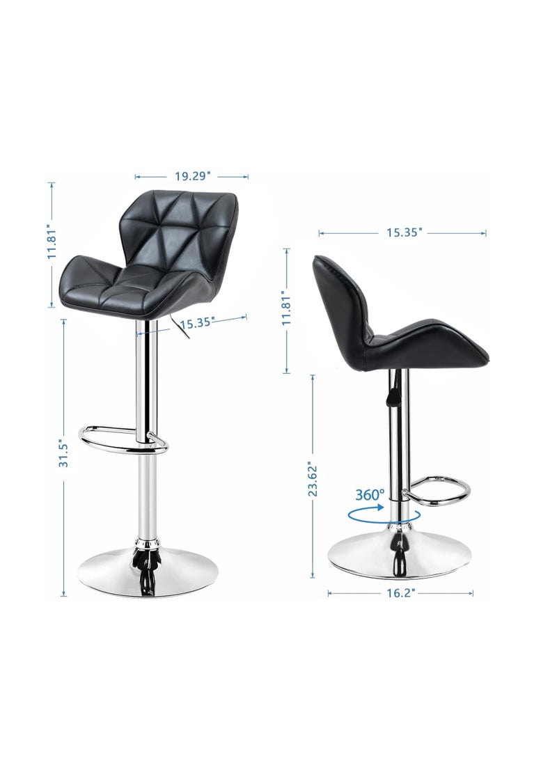 Bar Stool Set of 2, Chrome Base, PU Leatherette Upholstered High Back Bar Stool, Height Adjustable Swivel Bar Stool, Counter Height Modern Bar Stool for Home Kitchen Island, Black