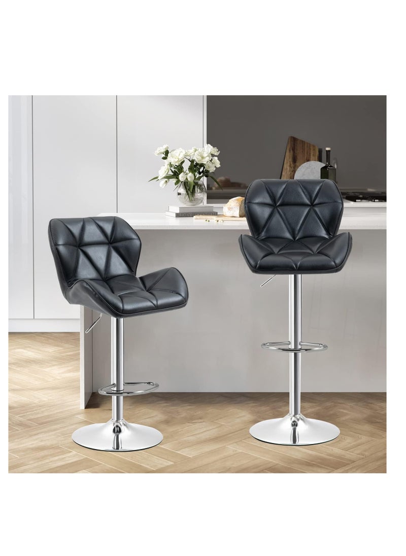 Bar Stool Set of 2, Chrome Base, PU Leatherette Upholstered High Back Bar Stool, Height Adjustable Swivel Bar Stool, Counter Height Modern Bar Stool for Home Kitchen Island, Black