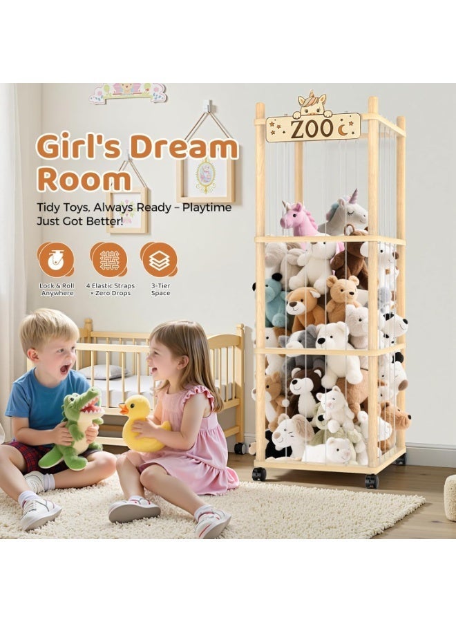 Children Stuffed Animal Organizer Tower, Large Toy Storage Rack with Secure Elastic Straps, Rolling Plush Toy Holder for Bedroom Playroom Nursery - Image 3