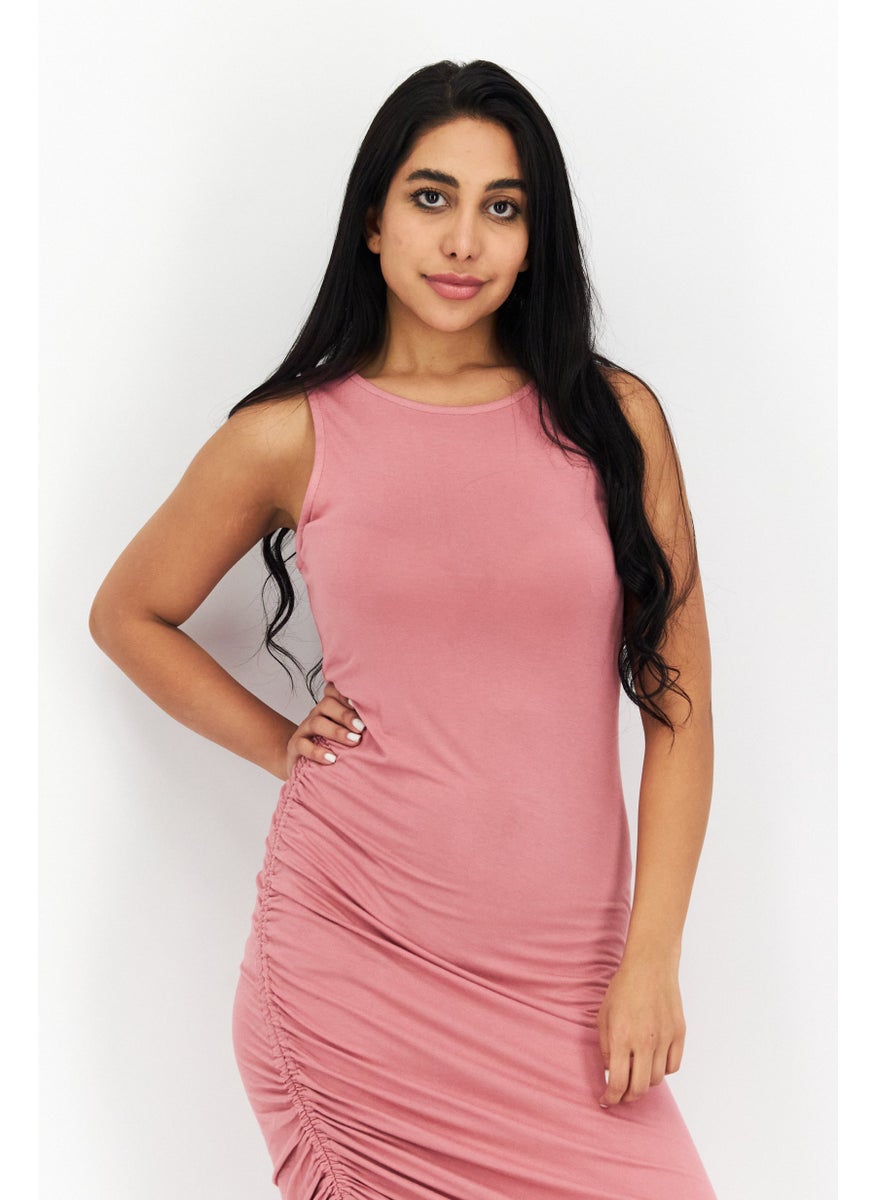 Aqua - Women Solid Causal Bodycon Dress, Dusty Pink - Image 1