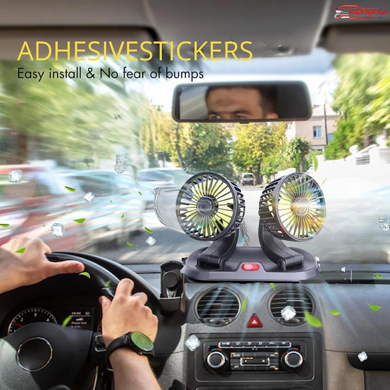 DETACHI 12V DC Electric Car Fan for Dashboard, Portable Fan with 360°Rotatable Head & 3Speed Control-Pack 2, Ultra Silent Operation, Brushless Motor, Suitable for Car,SUV,Bus,Desk-22X14X10cm - Image 4