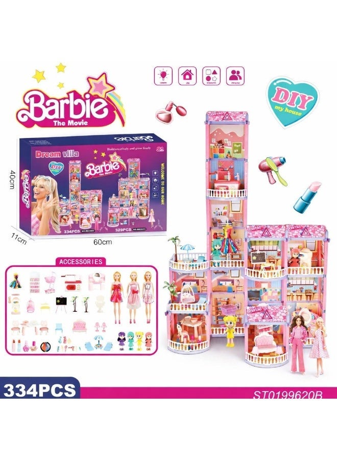 Mattel Games Barbie The Movie DIY Dream Villa Dollhouse Playset - 359 Pcs Building Toy with Dolls, Accessories, and LED Lights - Pink Princess Castle for Girls Ages 3+ - Image 5