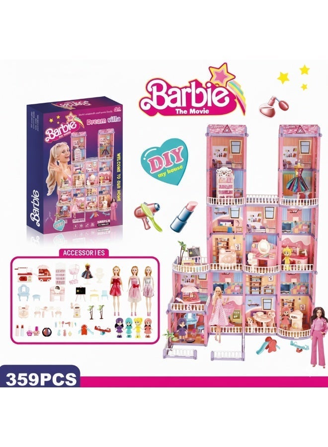 Mattel Games Barbie The Movie DIY Dream Villa Dollhouse Playset - 359 Pcs Building Toy with Dolls, Accessories, and LED Lights - Pink Princess Castle for Girls Ages 3+ - Image 2