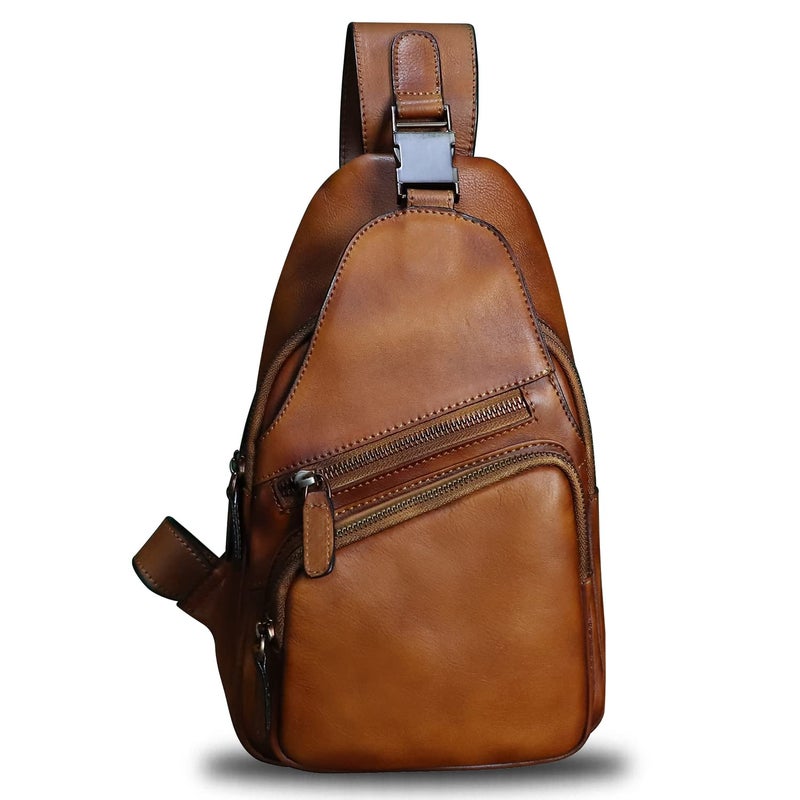 LRTO Genuine Leather Sling Bag Crossbody Purse Handmade Hiking Daypack Motorcycle Bag Retro Shoulder Backpack Vintage Chest Bag (Brown) - Image 2