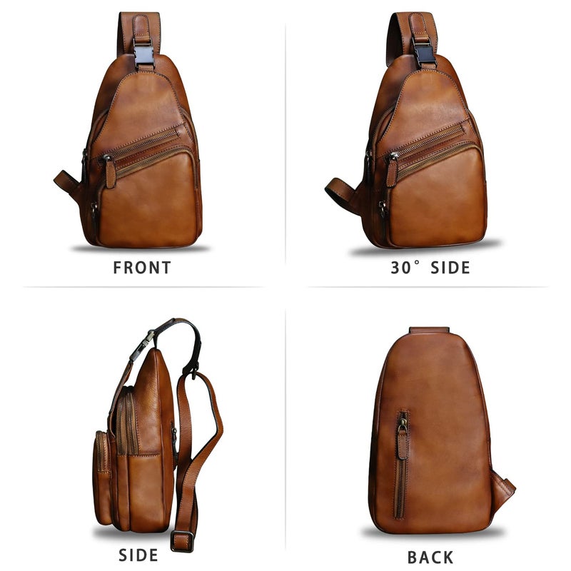 LRTO Genuine Leather Sling Bag Crossbody Purse Handmade Hiking Daypack Motorcycle Bag Retro Shoulder Backpack Vintage Chest Bag (Brown) - Image 4