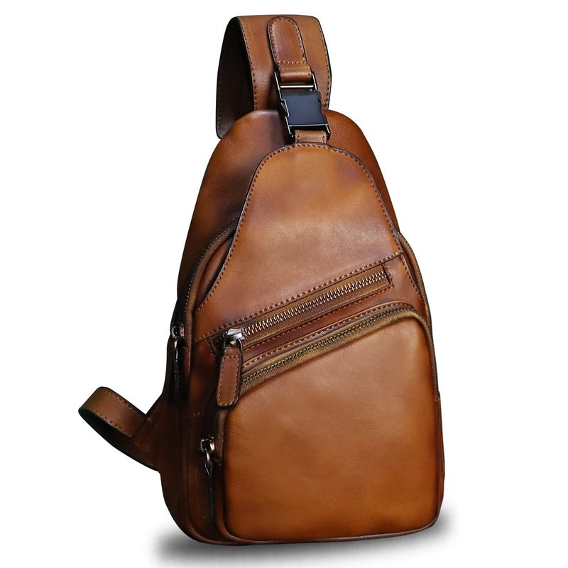 LRTO Genuine Leather Sling Bag Crossbody Purse Handmade Hiking Daypack Motorcycle Bag Retro Shoulder Backpack Vintage Chest Bag (Brown) - Image 1
