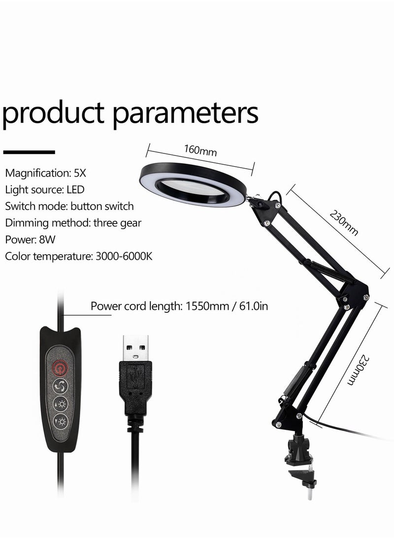 Generic - USB 5X Magnifying Glass Desk Lamp Magnifier LED Light Foldable Reading Lamp with Three Dimming Modes - Image 1