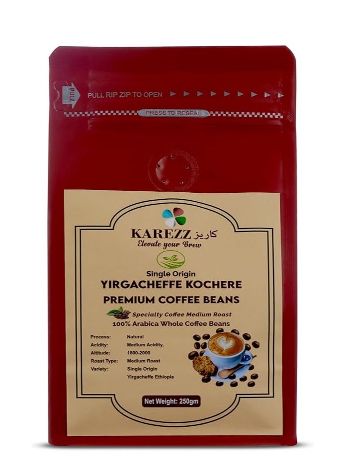 KAREZZ Yirgacheffe Kochere Premium Coffee Beans Medium Roast Arabica Whole Beans Natural Process Single Origin Smooth Blend With Floral And Fruity Notes, 250g 