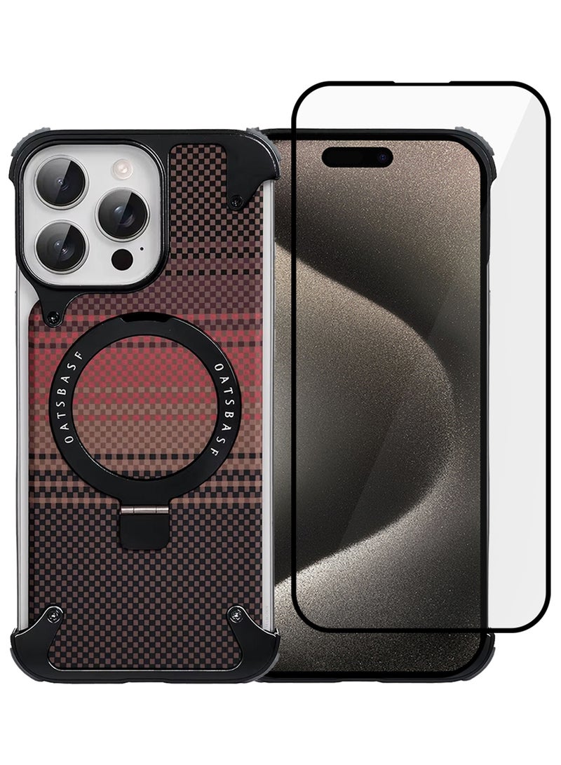 2Packs Case Cover for iPhone 15 Pro Max, Magnetic Ring Stand, Carbon Fiber Texture, Shockproof Armor, MagSafe Compatible with Screen Protector - Brown - Image 2