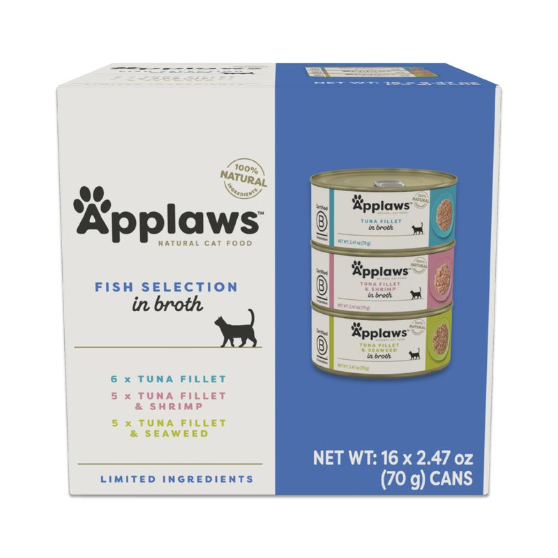 Applaws Natural Wet Canned Cat Food, Limited and Natural Ingredients, High Protein with No Artificial Additives, Fish Selection Variety Pack in Broth (16 x 2.47oz Cans) - Image 1