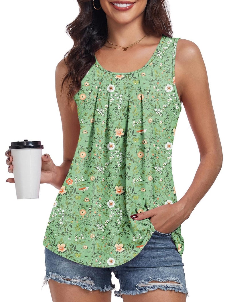 syoss Women's Tank Tops Dressy Casual Sleeveless Blouses Summer Loose Fit Outfits Trendy Shirt M, Floral Green - Image 1