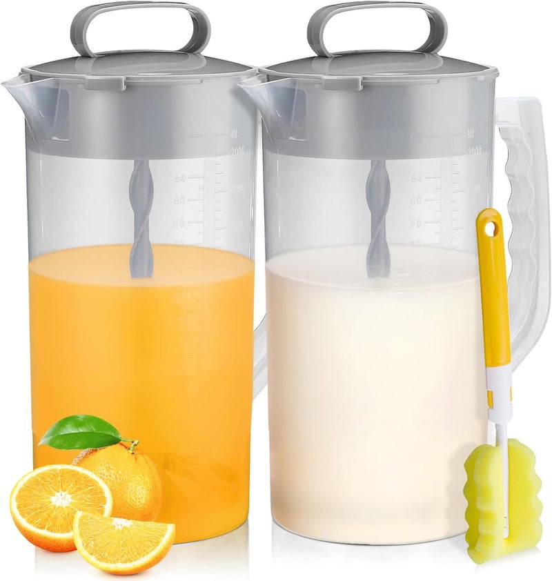 WLKSTS Mixing Pitcher for Drinks, 2 Quart/ 64oz Plastic Water Pitcher with Lid, Angled Plastic Blades and Adjustable Mixer Plunger for Juice, Powdered Milk, Beverage Container (Two) - Image 1
