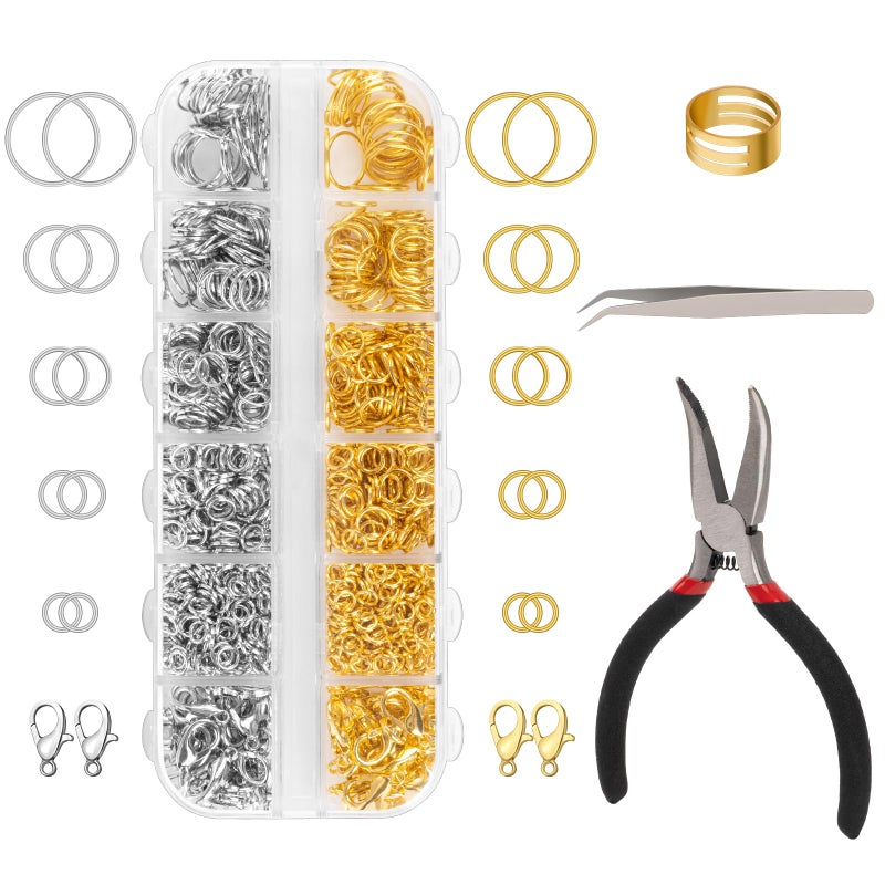 Amrules 1200 Pcs Jump Rings for Jewelry Making Supplies, Necklace Repair Kit with Open/Close Tools, Pliers, Tweezers, Lobster Clasps, Jewelry Jump Rings for Crafts and Key Chains (Silver and Gold) - Image 1