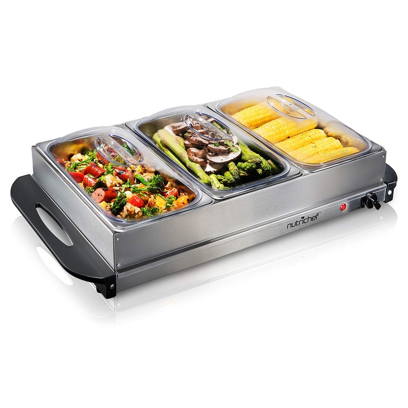 Nutrichef Professional Stainless Steel Buffet Warmer Server with 3 Trays | Portable Hot Plate Food Warmer Station for Parties & Events | Easy to Clean | 3 See-through lids | Max Temperature 175F - Image 1