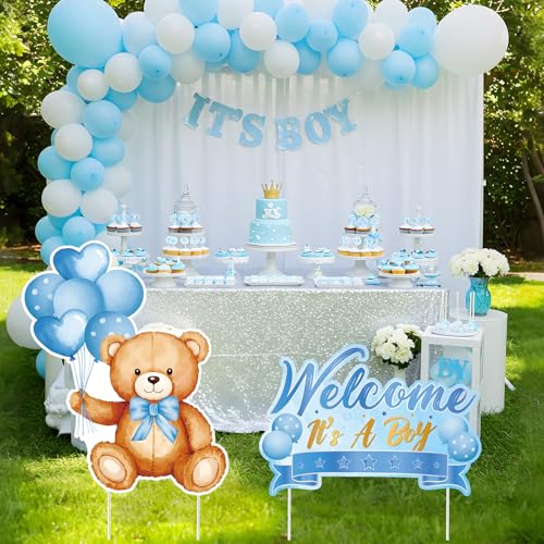 TagreSpike 2Pcs Baby Shower Yard Sign with Stake Gender Reveal Yard Sign Blue Bear Lawn Decoration Welcome It's A Boy Lawn Decor Welcome Baby Boy Announcement Decor for Outdoor Gender Reveal Party - Image 3
