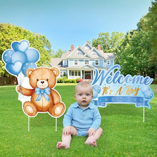 TagreSpike 2Pcs Baby Shower Yard Sign with Stake Gender Reveal Yard Sign Blue Bear Lawn Decoration Welcome It's A Boy Lawn Decor Welcome Baby Boy Announcement Decor for Outdoor Gender Reveal Party - Image 5