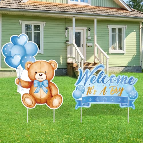 TagreSpike 2Pcs Baby Shower Yard Sign with Stake Gender Reveal Yard Sign Blue Bear Lawn Decoration Welcome It's A Boy Lawn Decor Welcome Baby Boy Announcement Decor for Outdoor Gender Reveal Party - Image 1