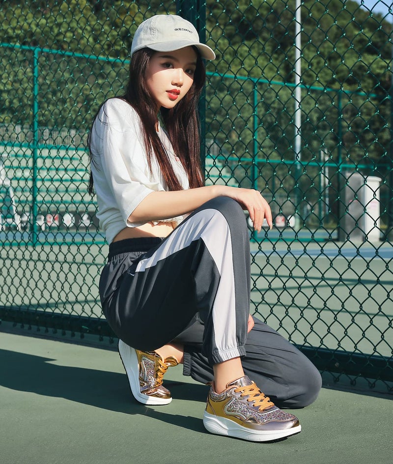 DADAWEN Women's Glitter Platform Wedge Athletic Tennis Walking Shoes Sparkly Sequin Lightweight Non Slip Casual Comfort Fashion Sneakers Gold US Size 7 - Image 2