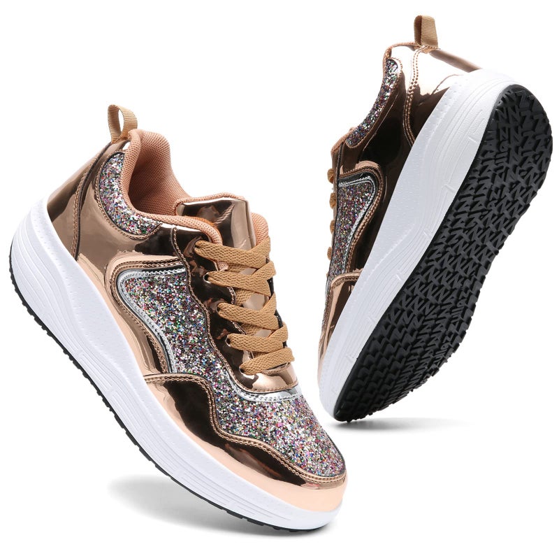 DADAWEN Women's Glitter Platform Wedge Athletic Tennis Walking Shoes Sparkly Sequin Lightweight Non Slip Casual Comfort Fashion Sneakers Gold US Size 7 - Image 1