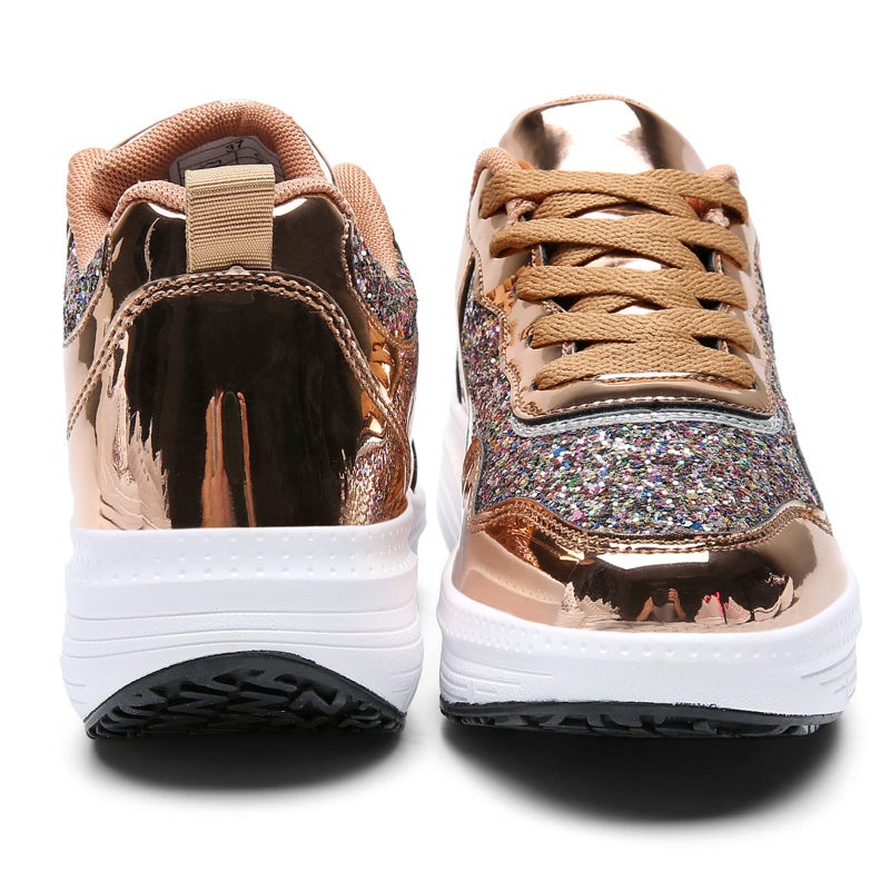 DADAWEN Women's Glitter Platform Wedge Athletic Tennis Walking Shoes Sparkly Sequin Lightweight Non Slip Casual Comfort Fashion Sneakers Gold US Size 7 - Image 3