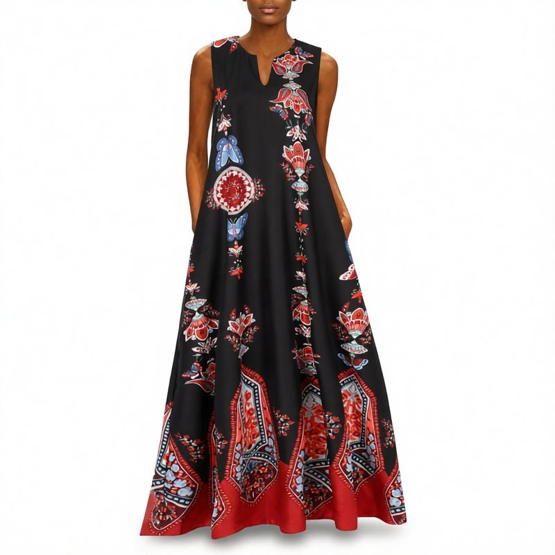 Women's Vintage Print V-Neck Sleeveless Dress with Pockets - Image 5
