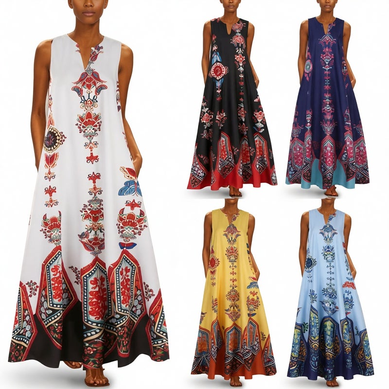 Women's Vintage Print V-Neck Sleeveless Dress with Pockets - Image 1