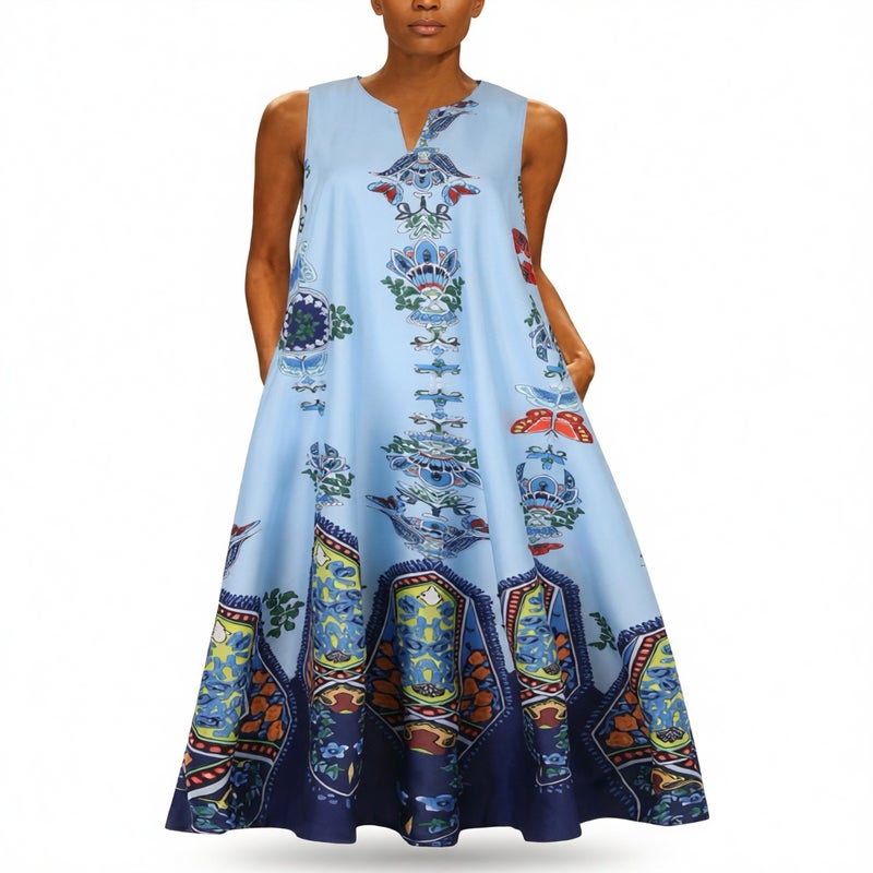 Women's Vintage Print V-Neck Sleeveless Dress with Pockets - Image 3
